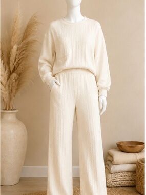 Hey Lovely Cream Cable-Knit Wide-Leg Lounge Set